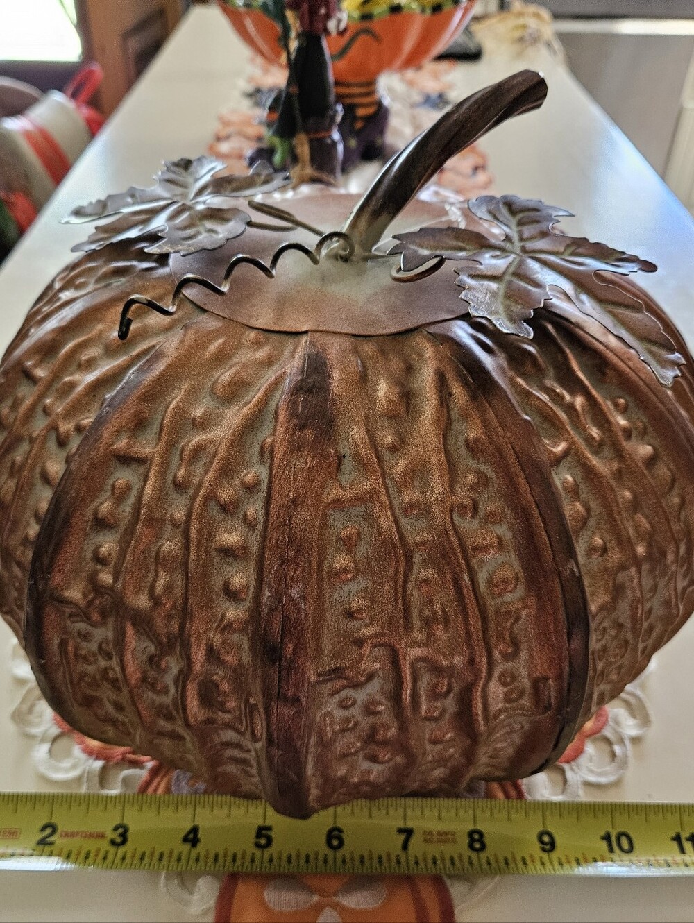 Metal Pumpkin Fall Decor Copper Patina 11" Large Tabletop Accent